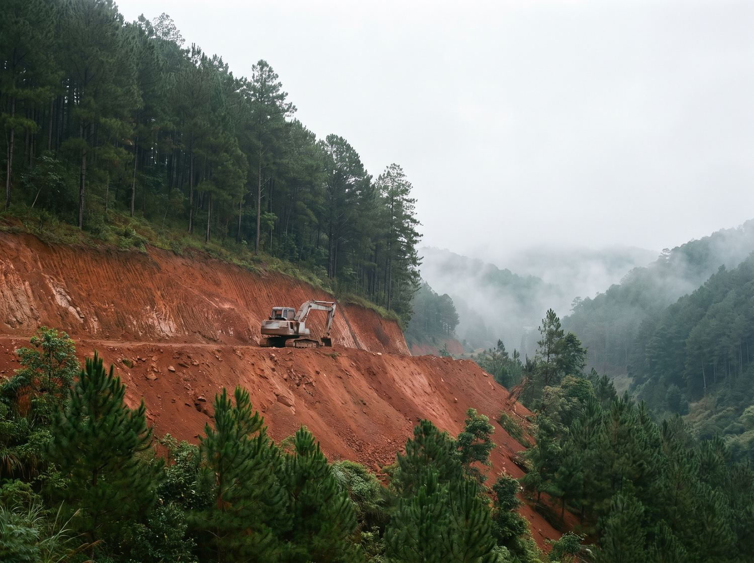 Excavated hillside cut through pine forest in the Central American highlands