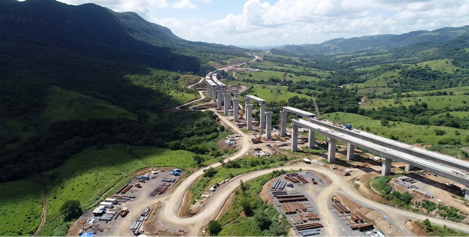 Elevated viaduct under construction across a green valley, with completed piers, cranes and material laydown areas