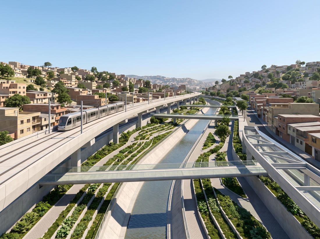 Concept visualization of a channelized urban river with landscaped terraces and an elevated transit line alongside