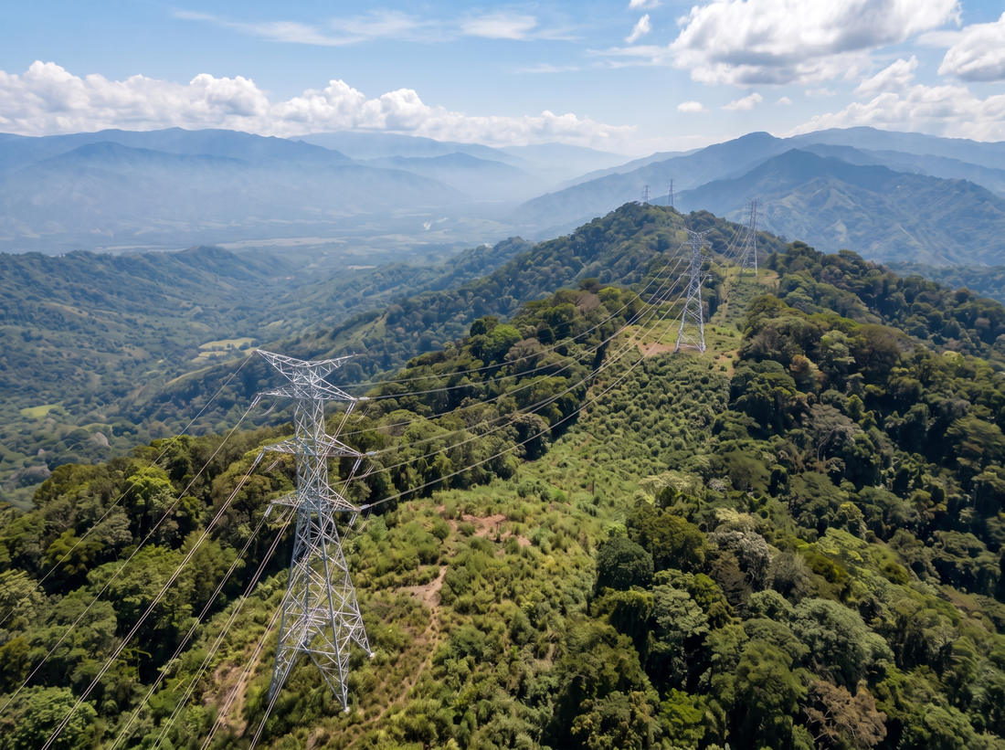 New galvanized steel transmission towers carrying lines along a forested ridge toward distant mountain ranges