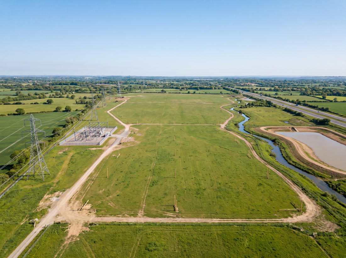 Open greenfield site with a transmission line, substation, watercourse and highway on its boundaries