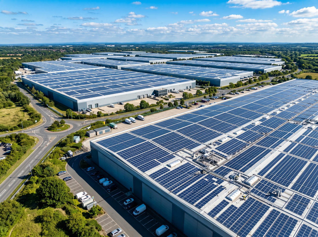 Industrial estate seen from above with warehouse roofs fully covered in solar panels