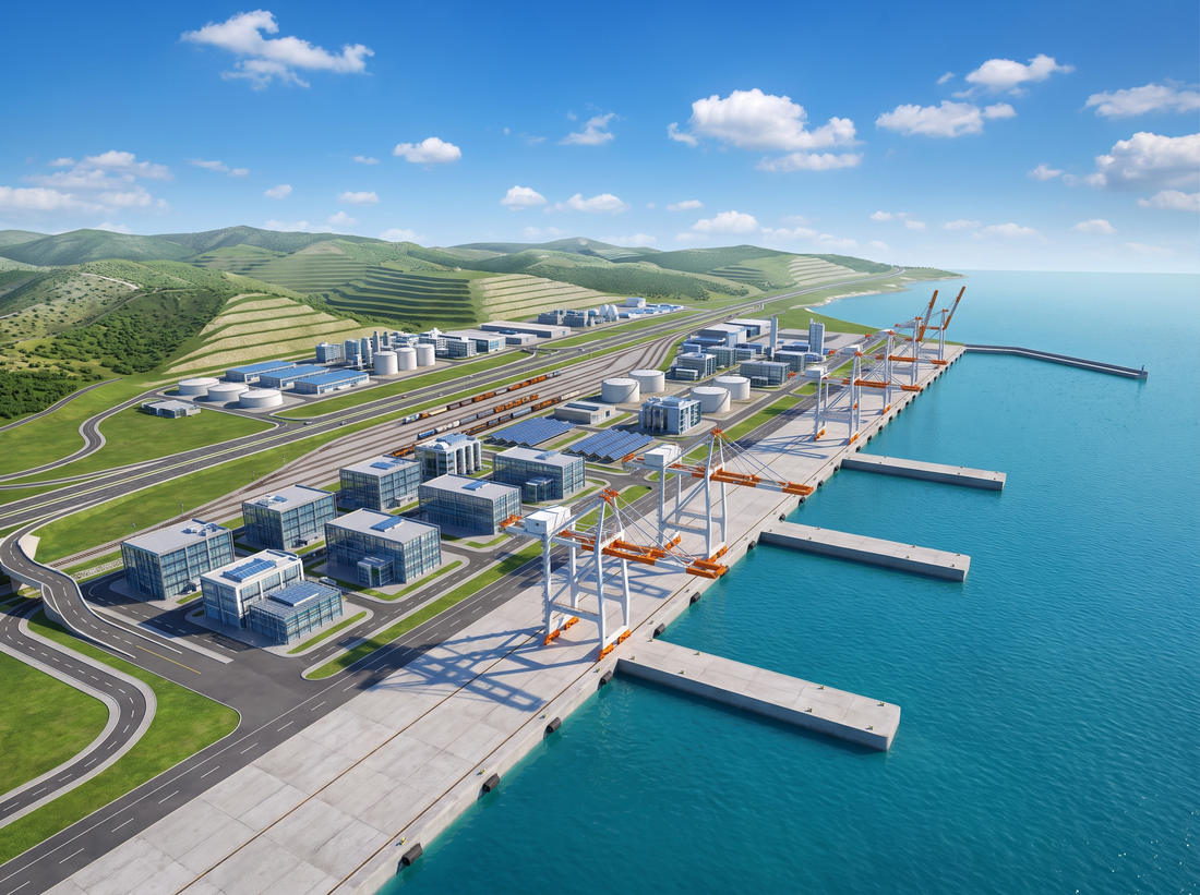 Concept visualization of a deep-water quay with an adjacent industrial zone and inland rail and road links