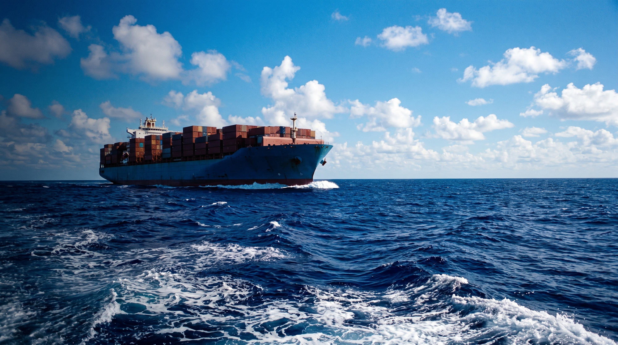 A container ship crossing open Pacific water under clear skies