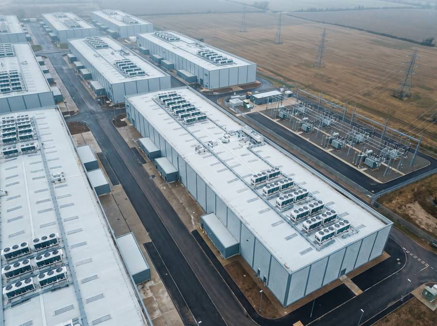 Data center campus with rooftop cooling plant and substation